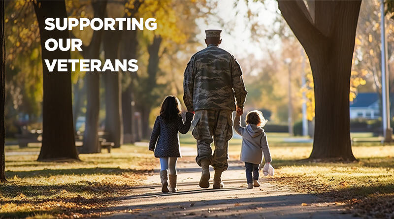 Military Individual walking with his children.